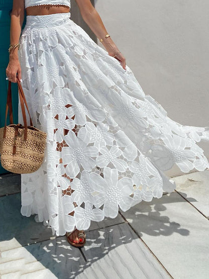 Elegant Hollow Floral Lace Maxi Skirt