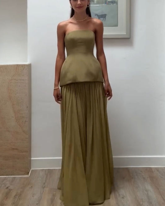 Green Strapless Top Flowing High-Waist Maxi Skirt Set