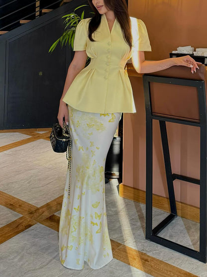 Elegant V-neck Waisted Puff Sleeve Shirt