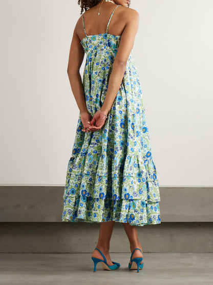 Delicate Layered Ruffled Floral Print Halter Midi Dress