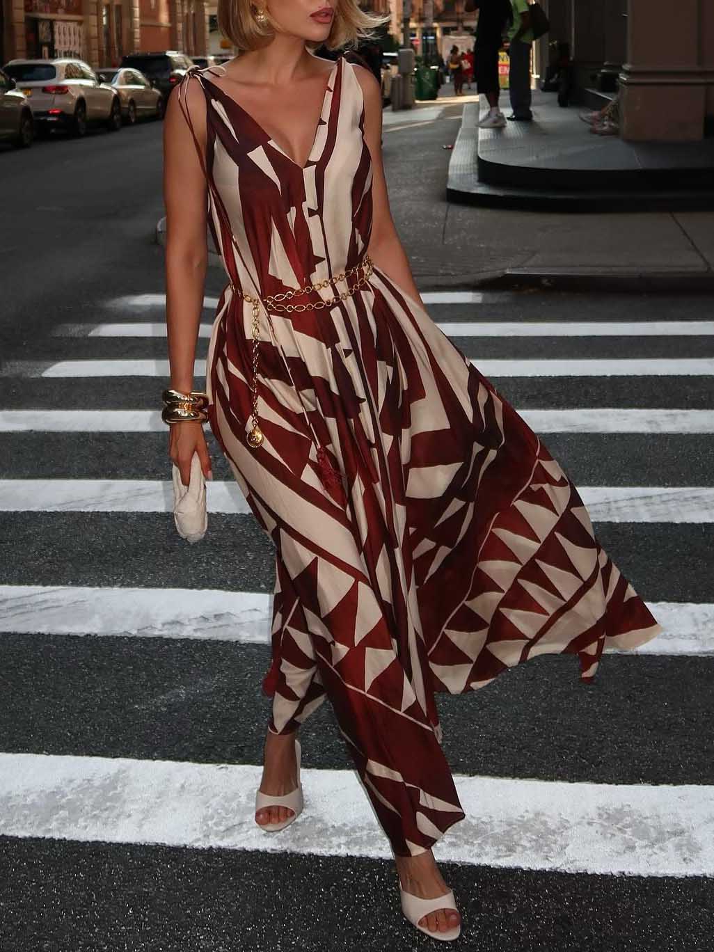 Unique Abstract Geometric Print Deep V-neck Fluffy Maxi Dress