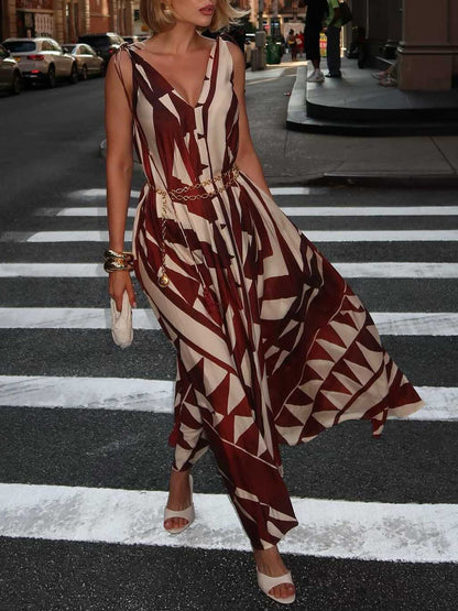 Unique Abstract Geometric Print Deep V-neck Fluffy Maxi Dress