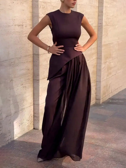 Elegant Asymmetrical Sleeveless Chiffon Vest Two-Piece Set