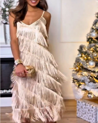Fringe Spaghetti Strap Party Dress