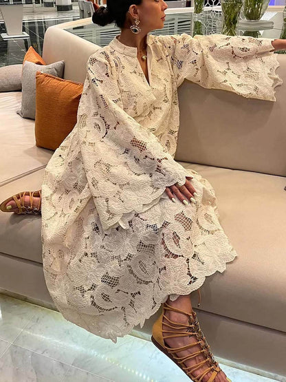 Casual White Long Sleeve Lace V-Neck Dress