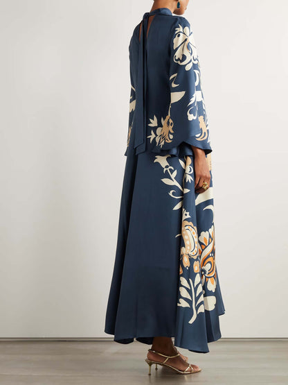 Vintage Floral Print Neckline Flowy Maxi Dress