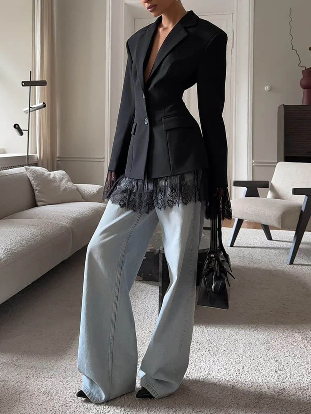 Casual Lace Hem Detail Black Blazer