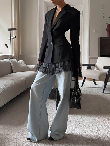 Casual Lace Hem Detail Black Blazer