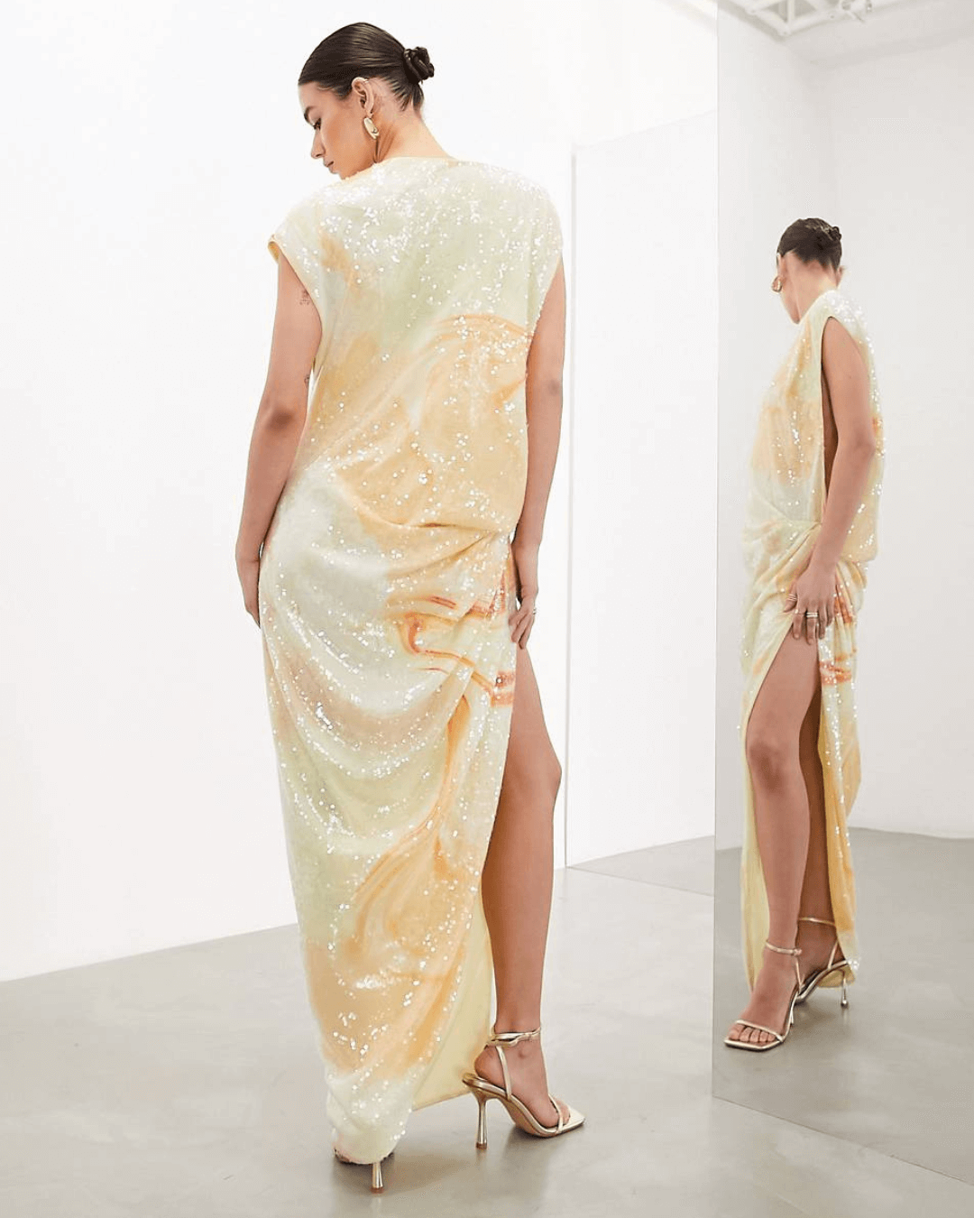 Sequin Open Side Drape Midi Dress