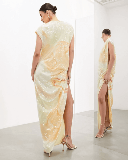 Sequin Open Side Drape Midi Dress