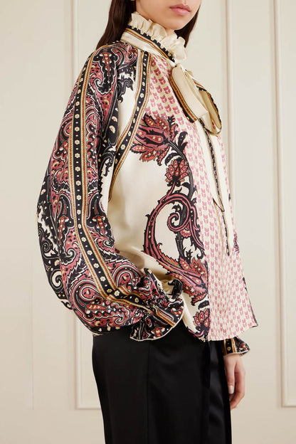 Exquisite Bow Ruffle Floral Printed Satin Twill Blouse