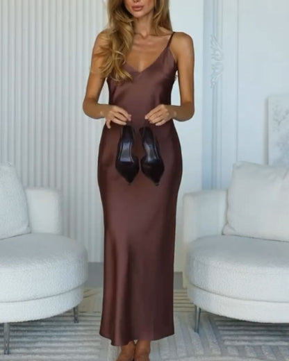 Chocolate Brown Satin & Organza Puff Sleeve Maxi Dress Set