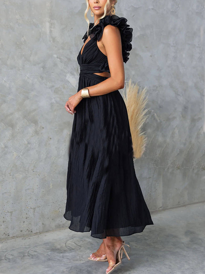 Floral Ruffle Detail Back Lace-Up Elastic Waist Maxi Dress
