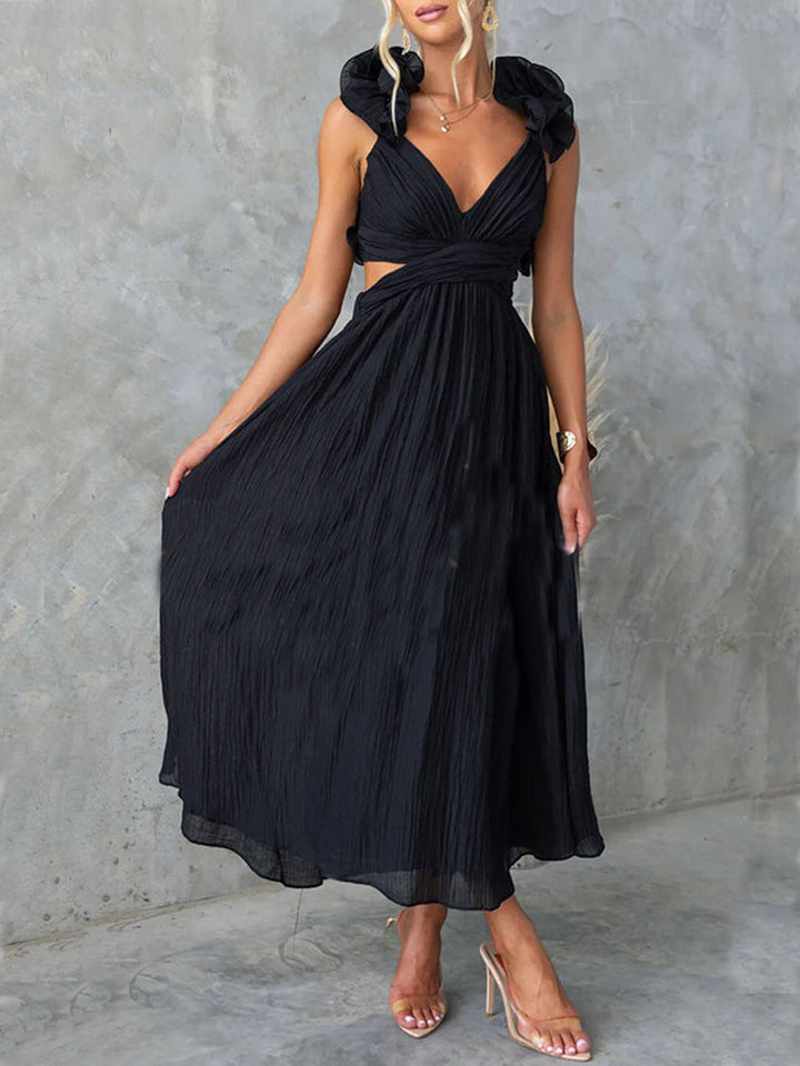 Floral Ruffle Detail Back Lace-Up Elastic Waist Maxi Dress