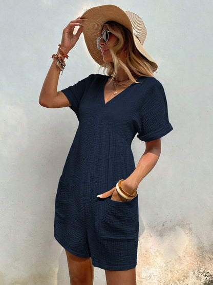 Fashion Solid Color V-neck Loose Bat Sleeve Zipper Short Sleeve Jumpsuit