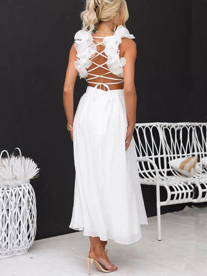 Floral Ruffle Detail Back Lace-Up Elastic Waist Maxi Dress