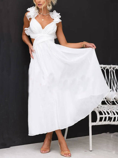 Floral Ruffle Detail Back Lace-Up Elastic Waist Maxi Dress