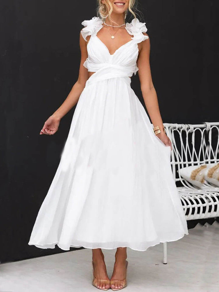 Floral Ruffle Detail Back Lace-Up Elastic Waist Maxi Dress