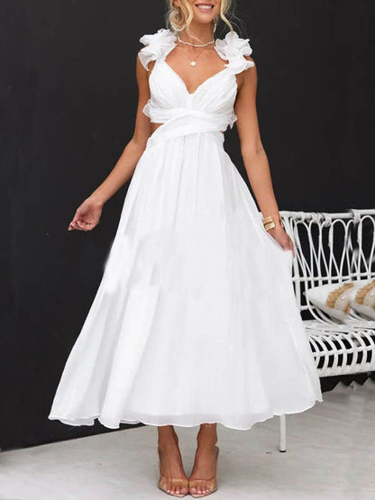 Floral Ruffle Detail Back Lace-Up Elastic Waist Maxi Dress