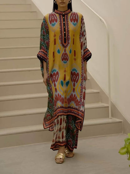 Retro Casual Patchwork Floral Print Loose Midi Shirt