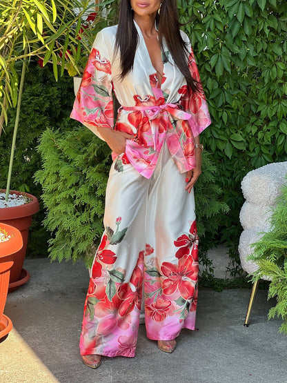 Delicate Floral Print Bell Sleeve Tie-Waist Blouse