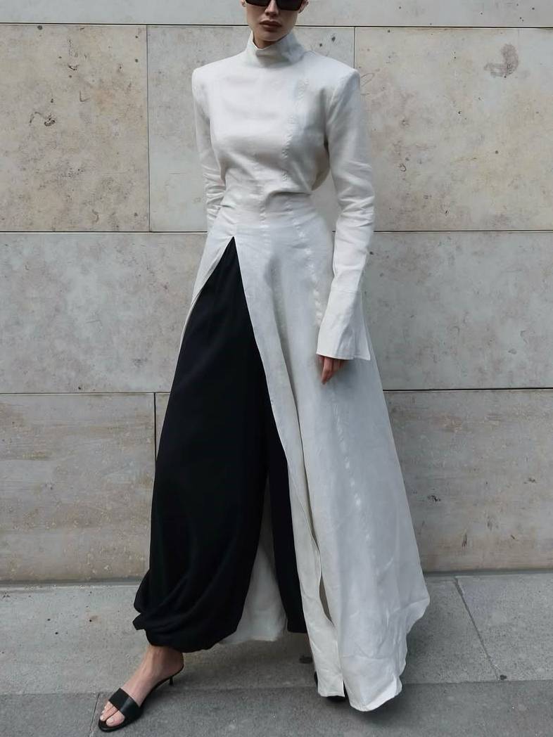 Long Sleeve Slit Shirt Dress And Wide Leg Pants Suit-Pants