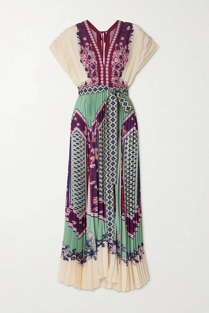 Exquisite V-Neck Tie-Up Printed Ruched Maxi Dress