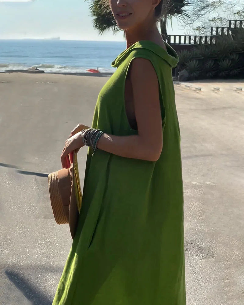 Chic round neck sleeveless casual cotton and linen dress