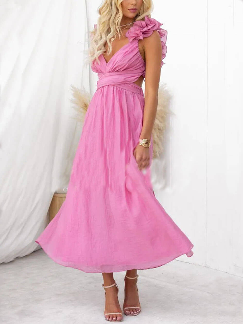 Floral Ruffle Detail Back Lace-Up Elastic Waist Maxi Dress