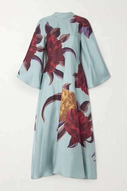 Unique Satin Floral Print Casual Maxi Dress