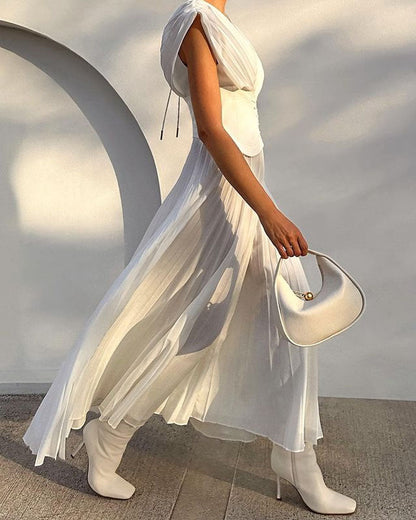 Fashion Solid Color V-neck Crimp Waist Dress