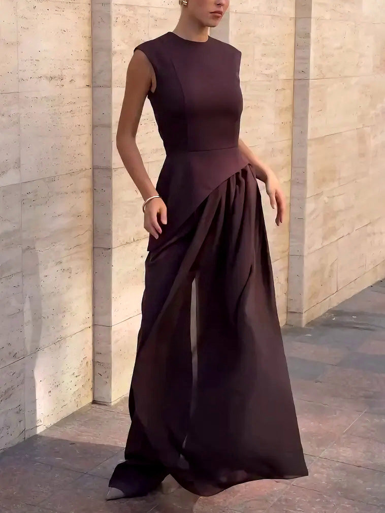 Elegant Asymmetrical Sleeveless Chiffon Vest Two-Piece Set
