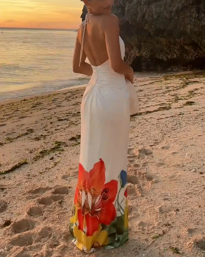 Halter neck strappy printed backless dress