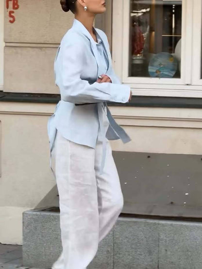 Minimalist Stand-up Collar Ribbon Back Lace-up Shirt and Wide Leg Pants Set-Pants