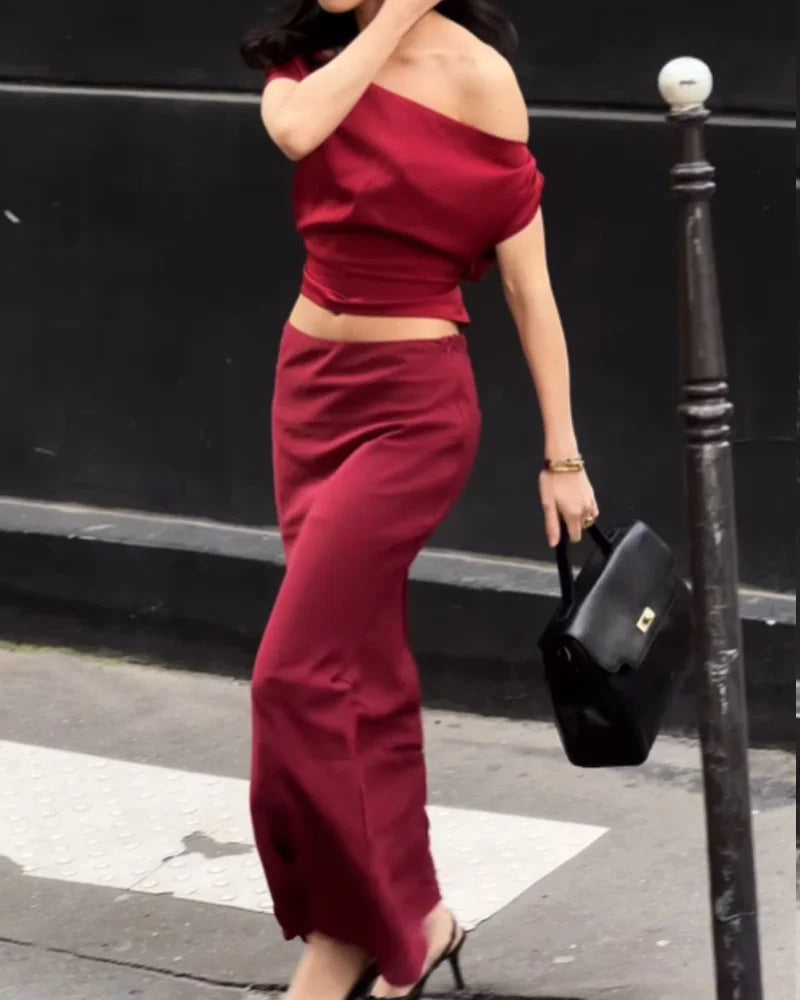 Elegant Solid Shoulder Top & Skirt Two-Piece Set