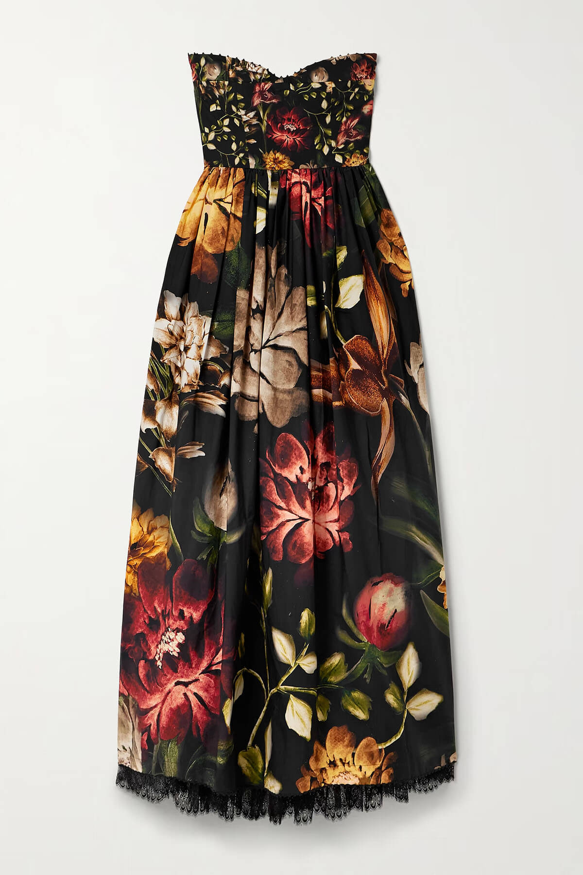 Exquisite Strapless Lace-Trimmed Printed Pleated Midi Dress