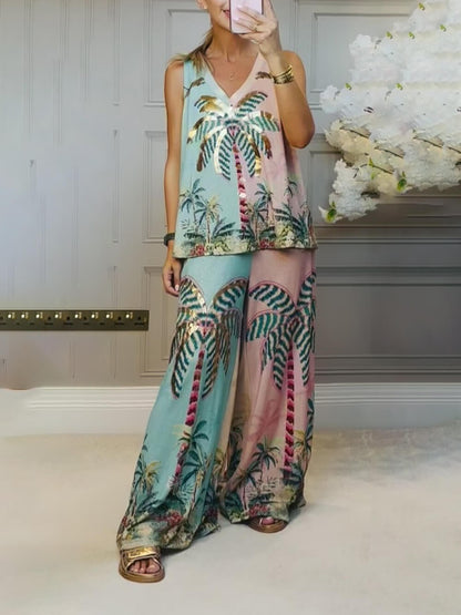 Unique Palm Tree Print Elastic Waist Loose Wide-Leg Pants