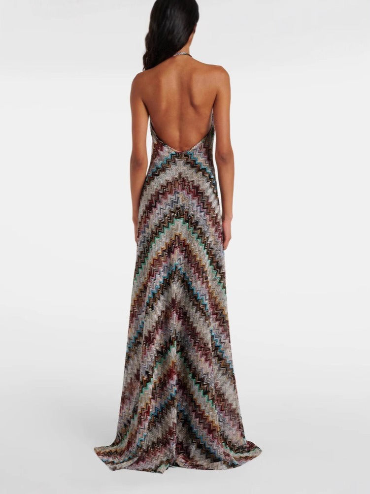 Casual Colorful Striped Knit Halter Neck Maxi Dress