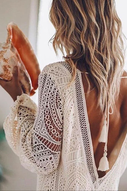 V-Neck Puff Sleeve Hollow Out Cover Up Dress