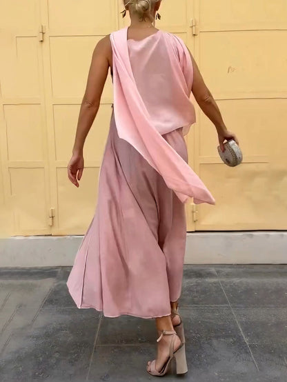 Elegant Draped Spaghetti Strap Maxi Dress With Scarf