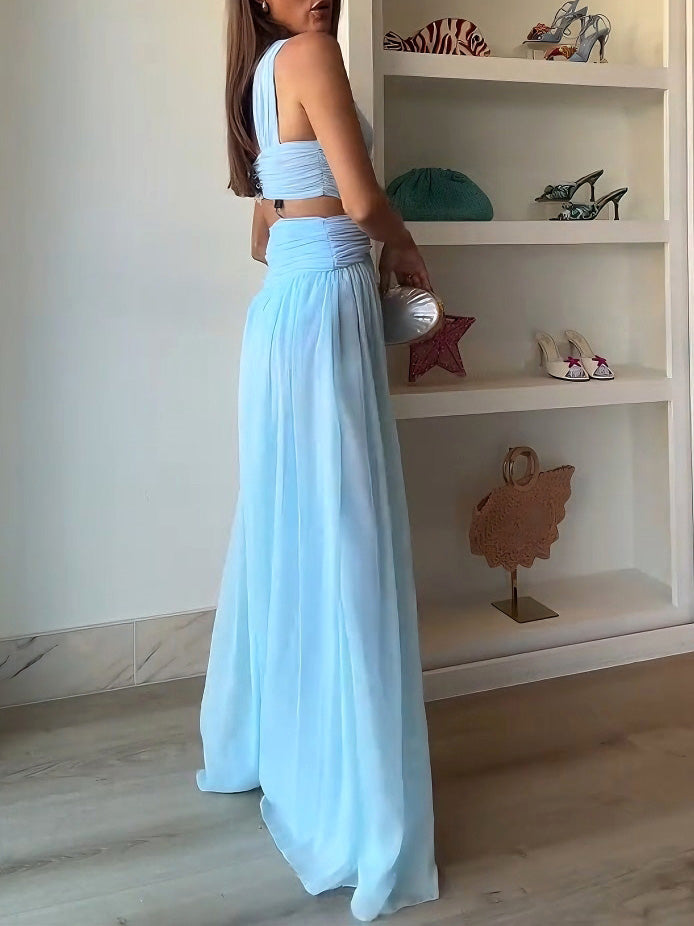 Elegant Halter Twist Front Cutout Pleated Maxi Dress