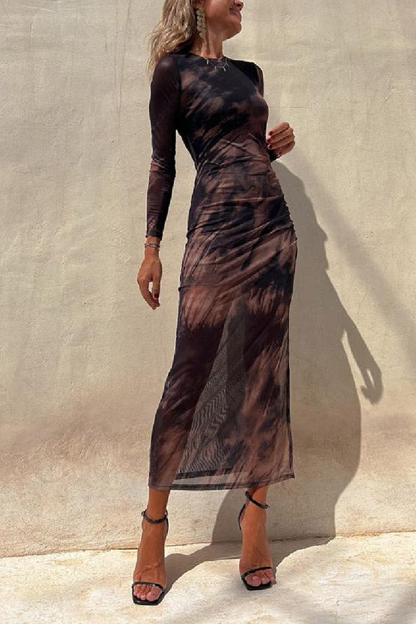 Mesh Overlay Tie Dye Print Long Sleeve Ruched Stretch Midi Dress