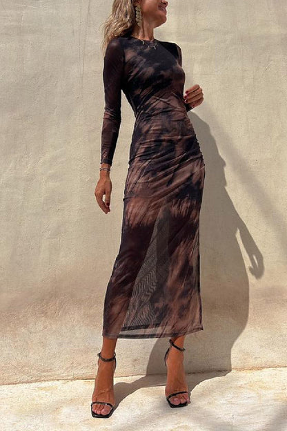 Mesh Overlay Tie Dye Print Long Sleeve Ruched Stretch Midi Dress