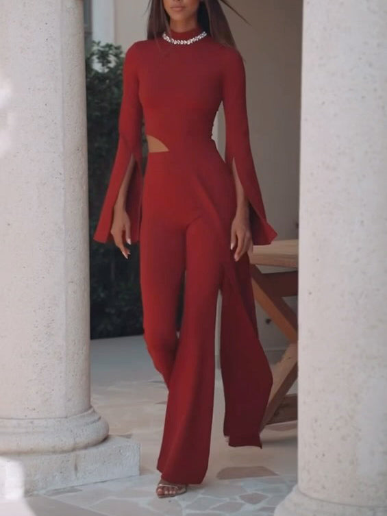 Elegant Rhinestone Color-blocked Irregular Two-piece Set