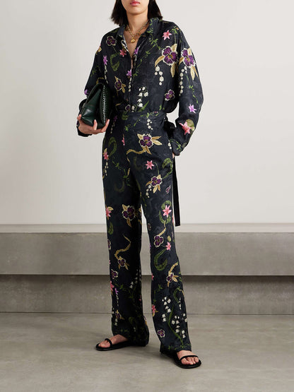 Elegant Floral Print Satin Straight-Leg Pants