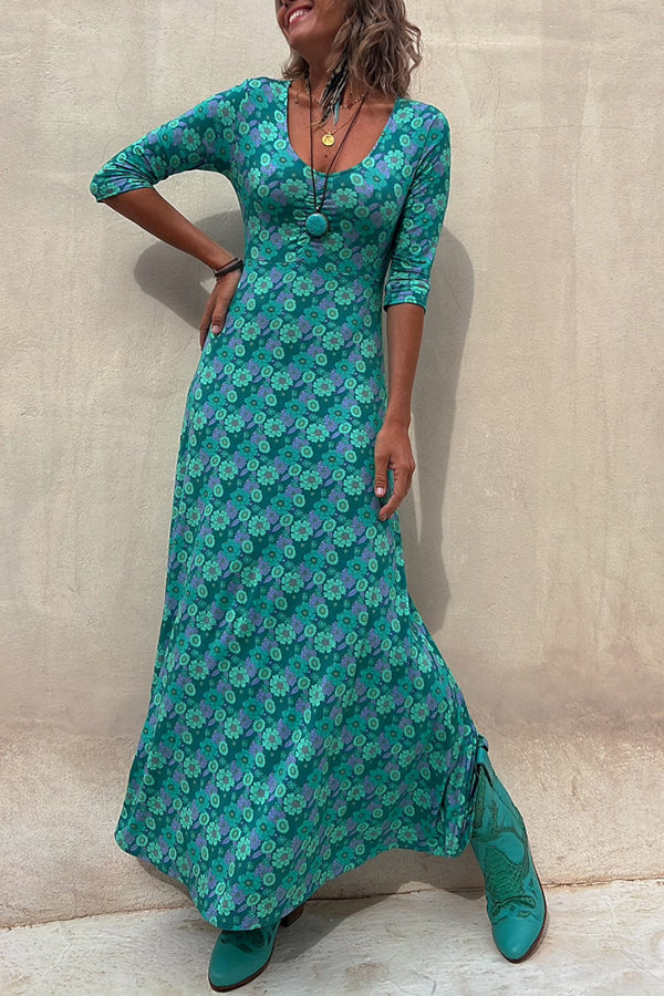 Floral Half Sleeve Elastic Maxi Dress