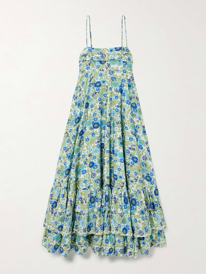Delicate Layered Ruffled Floral Print Halter Midi Dress