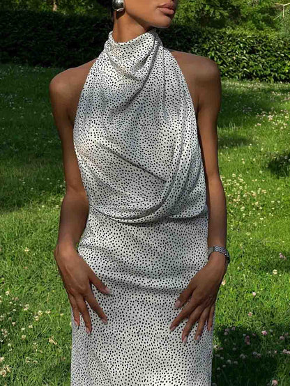 Elegant Halterneck Black Polka Dot White Maxi Dress