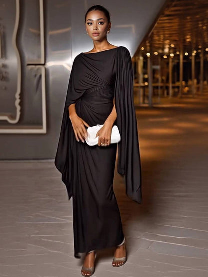 Boat Neck Pleated Slim Fit Maxi Dress