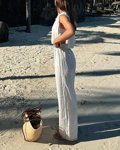 Casual Solid Lace-Up Vest & Pants Two-Piece Set